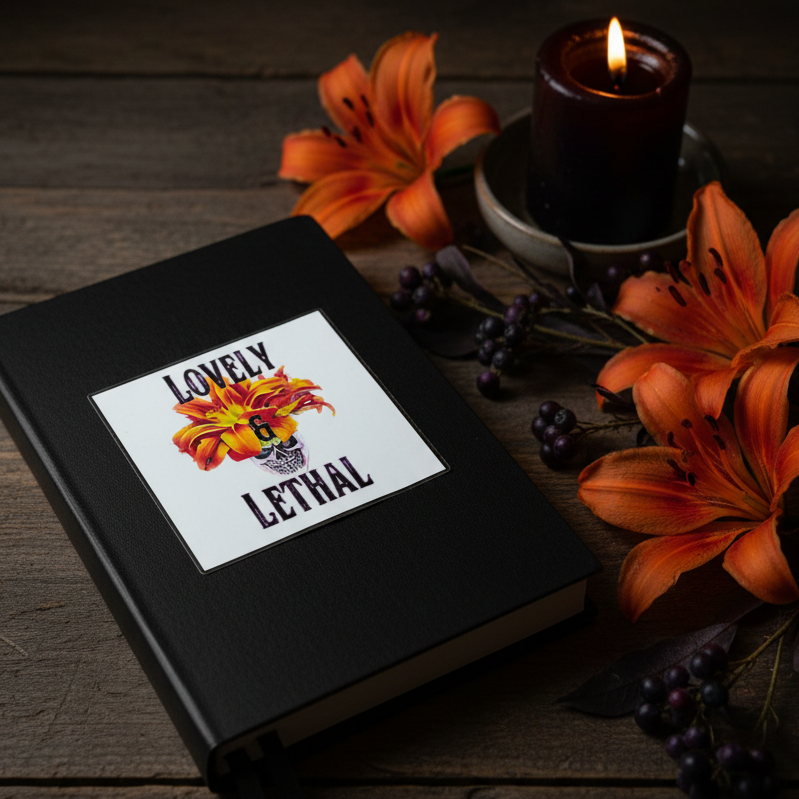 Black book with 'Lovely Lethal' sticker, orange flowers, and a lit candle on a wooden surface.