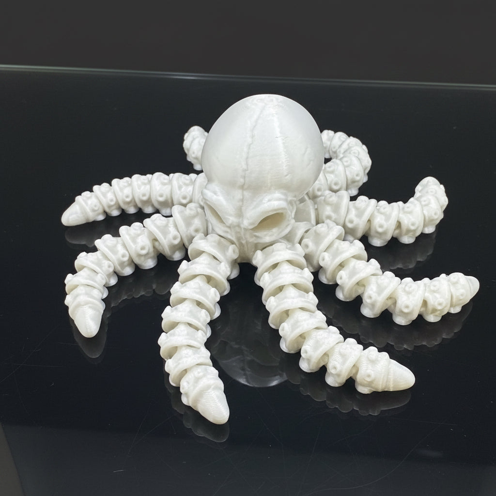 Angled view of Ghost Current articulated octopus companion in pearlescent white PLA showing the flexible poseable tentacles.