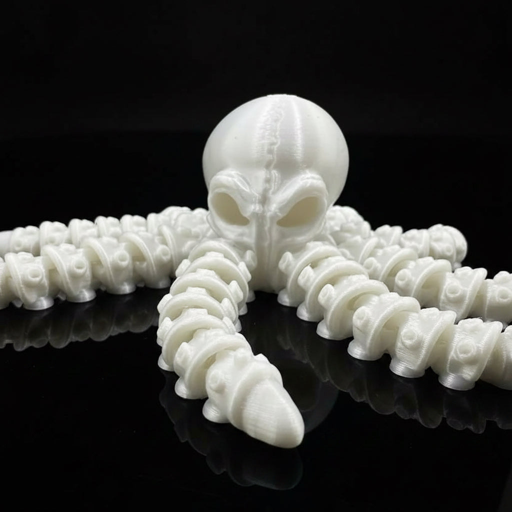 Front view of Ghost Current articulated octopus companion showing poseable tentacles and pearlescent white finish.