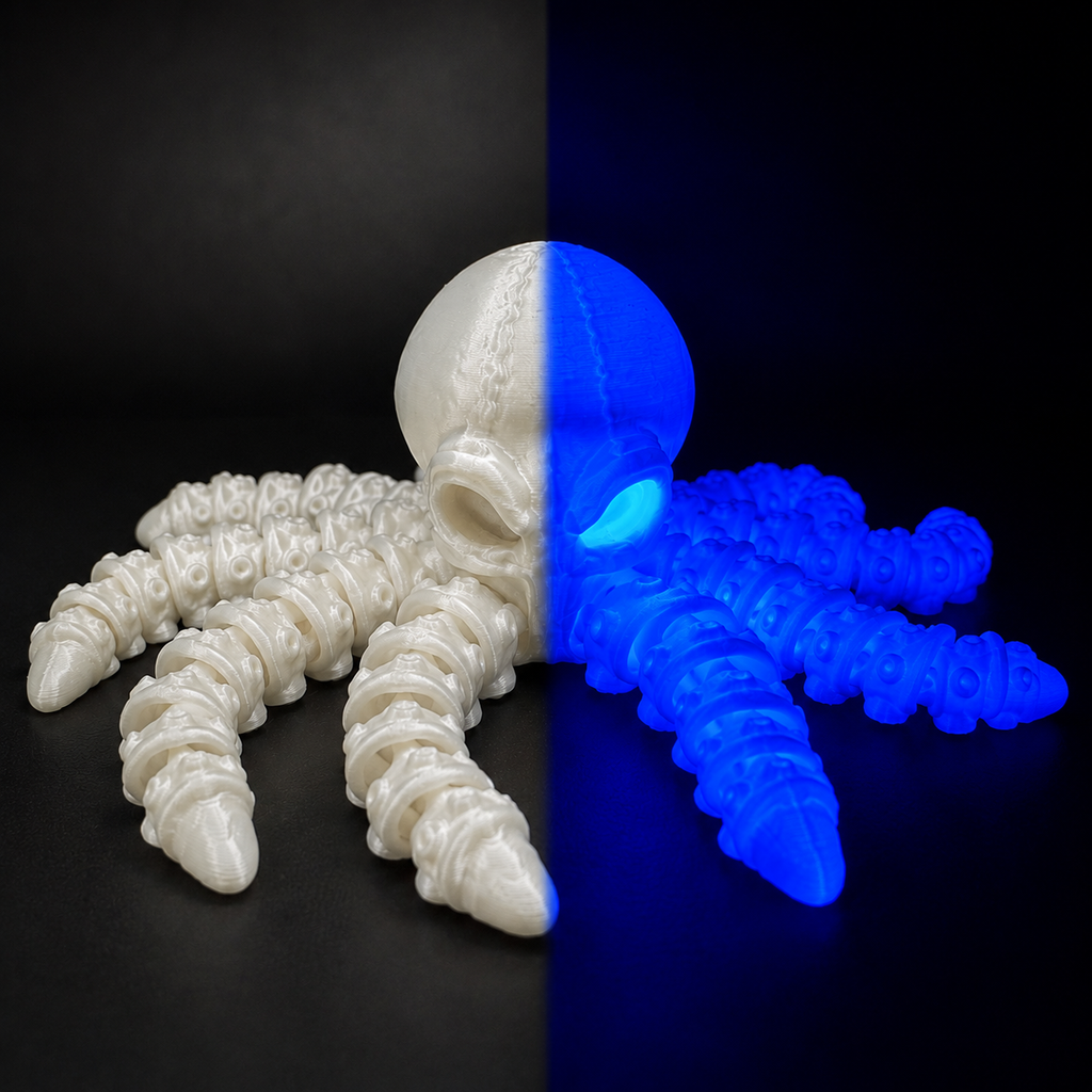 Split-view comparison of Ghost Current showing its pearlescent white finish beside its blue glow-in-the-dark appearance after charging.