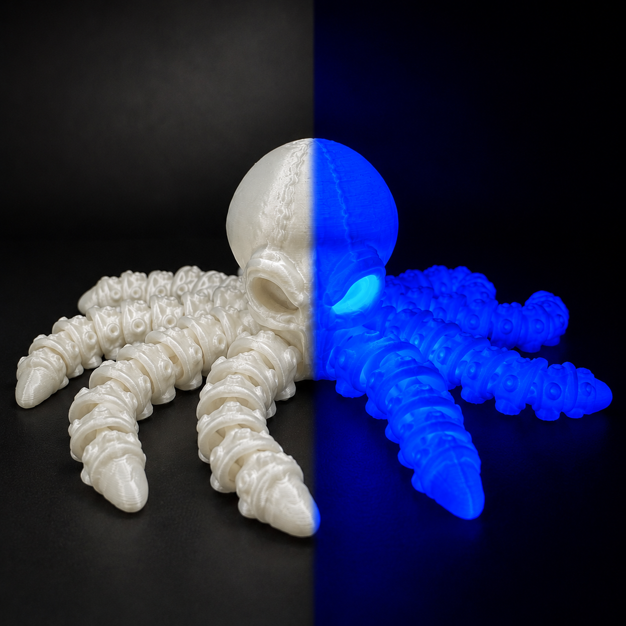 Split-view comparison of Ghost Current showing its pearlescent white finish beside its blue glow-in-the-dark appearance after charging.