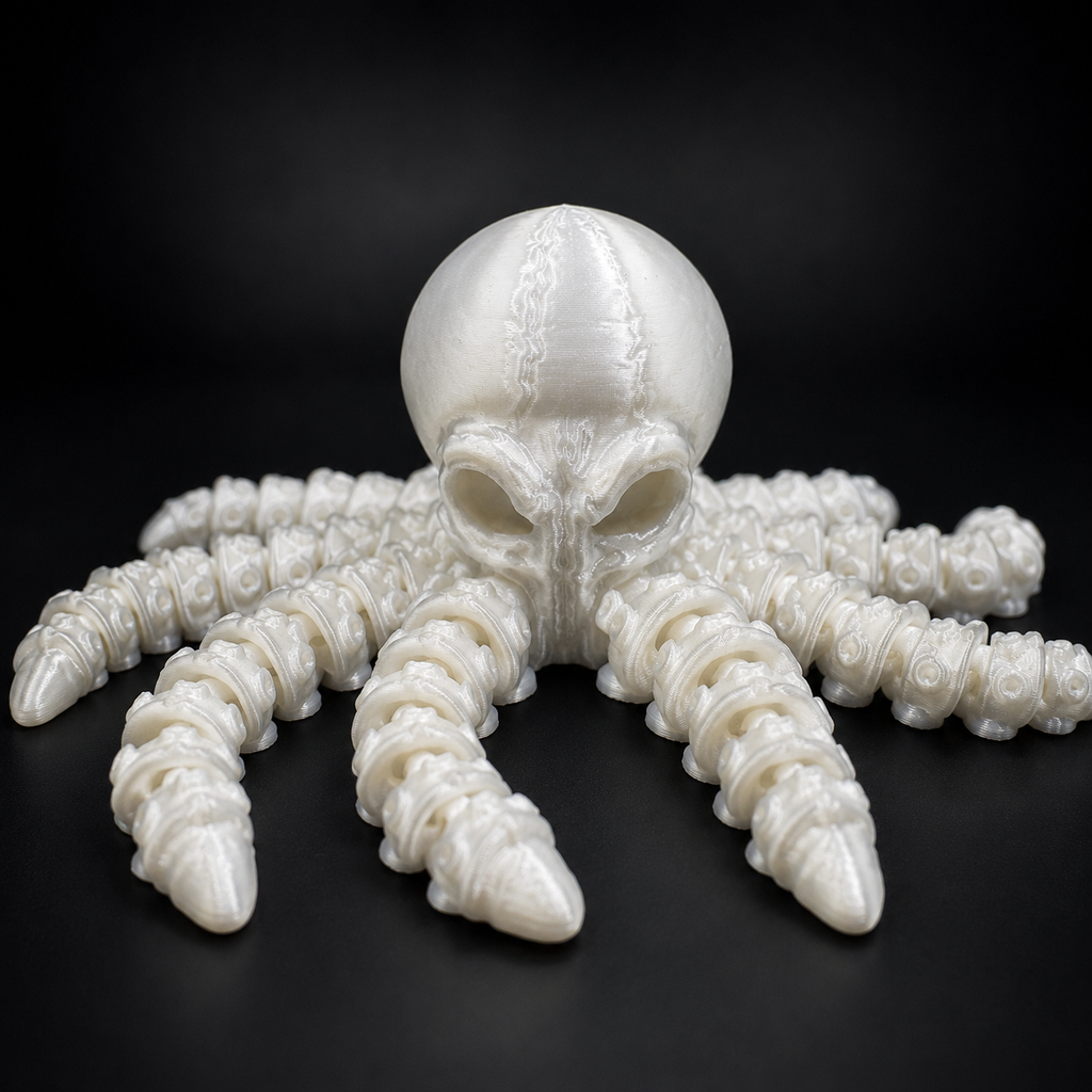 Ghost Current articulated glow-in-the-dark octopus companion in pearlescent white PLA with poseable tentacles on a black studio background.