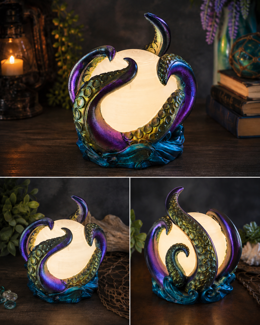 Multiple views of the illuminated Abyssal Glow octopus lamp from several angles.