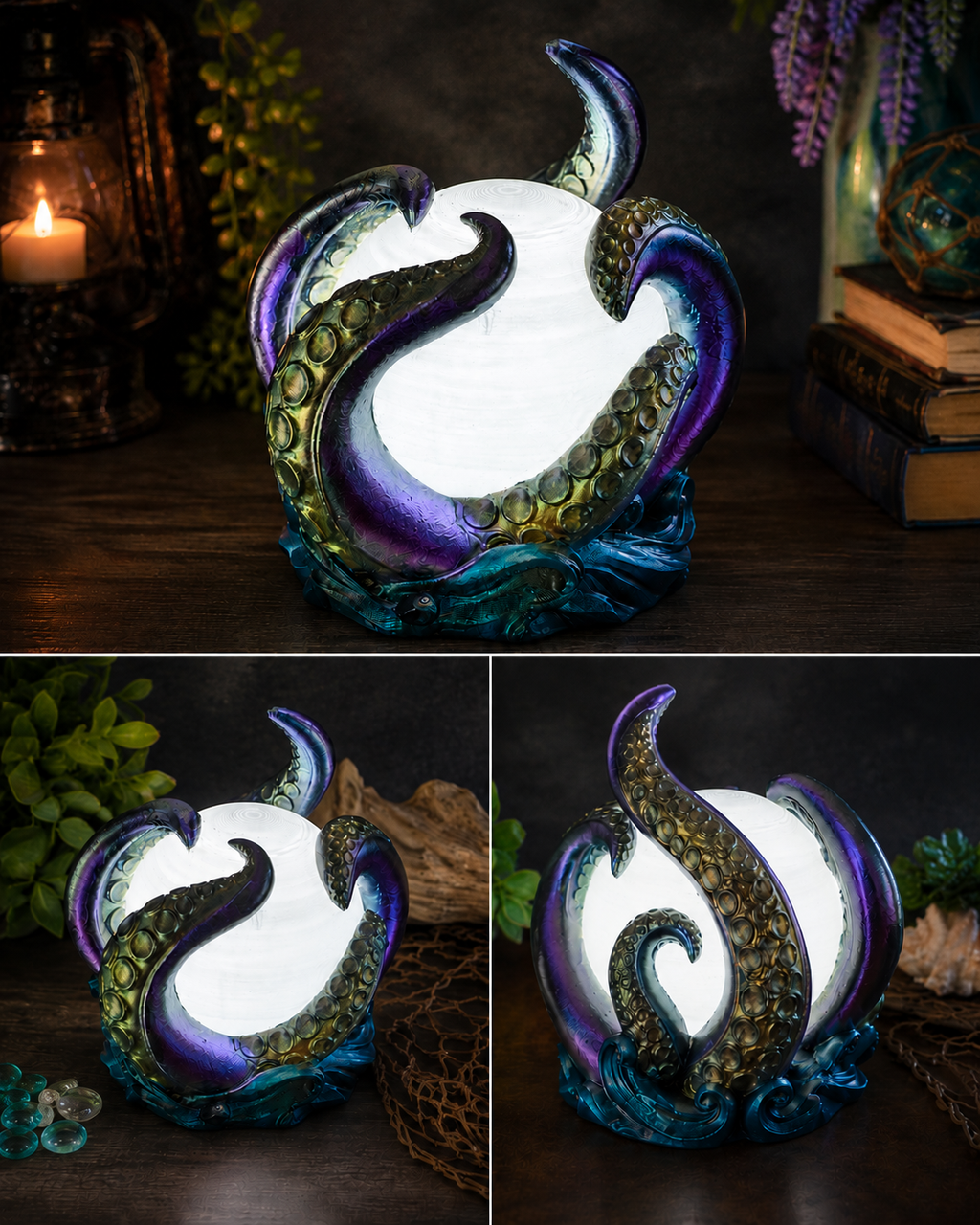 Multiple views of the illuminated Abyssal Glow octopus lamp from several angles.