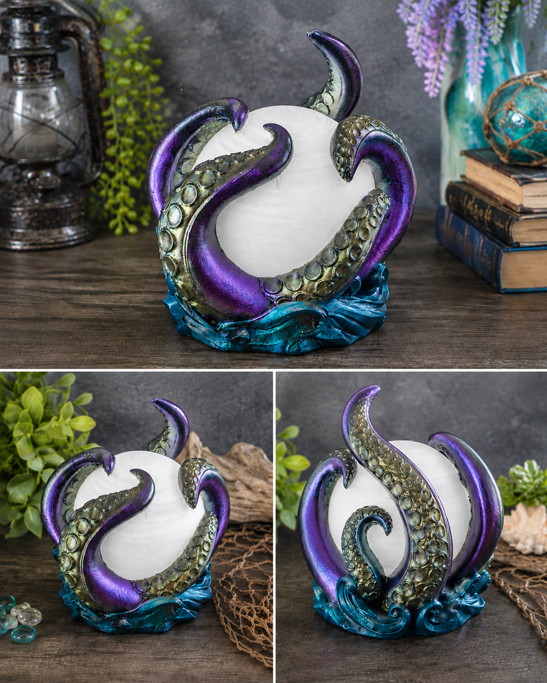 Multiple views of the Abyssal Glow octopus lamp showing the front, side and back of the sculpted design.
