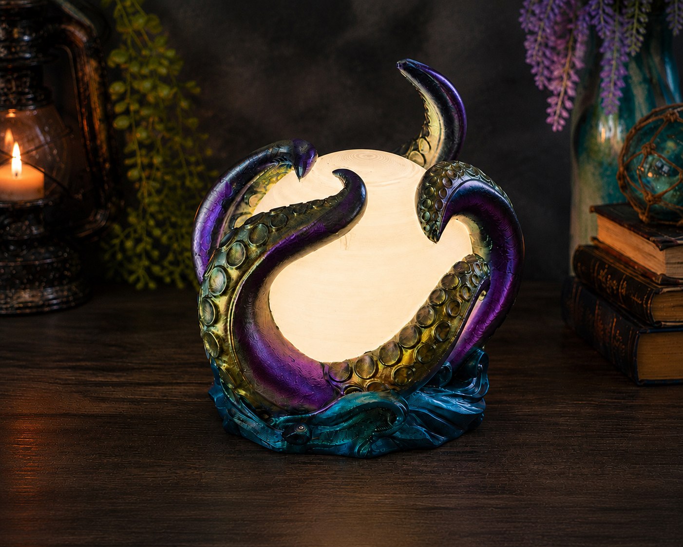Abyssal Glow octopus lamp illuminated in warm white light, showing hand-painted color-shifting tentacles and wave base.