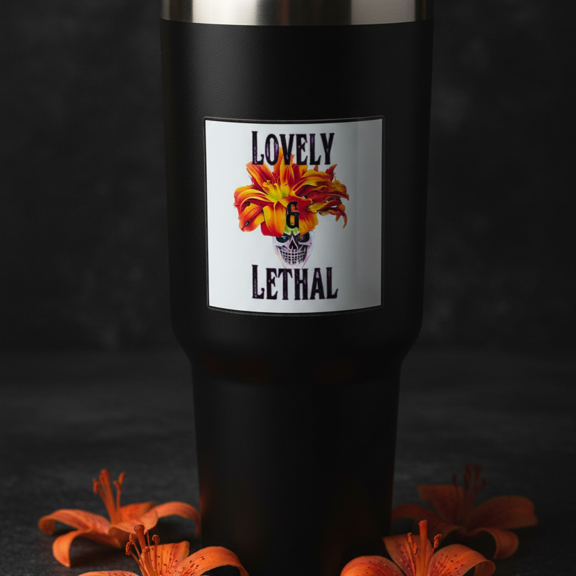 Black tumbler with a colorful skull design and 'Lovely & Lethal' text on a dark background.