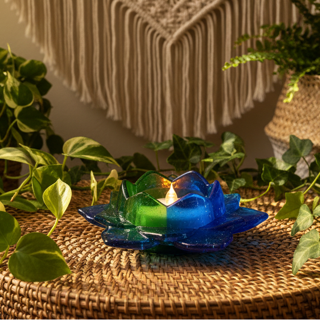 Blue-Green Lotus Flower Tea Light Holder in a bohemian setting with plants