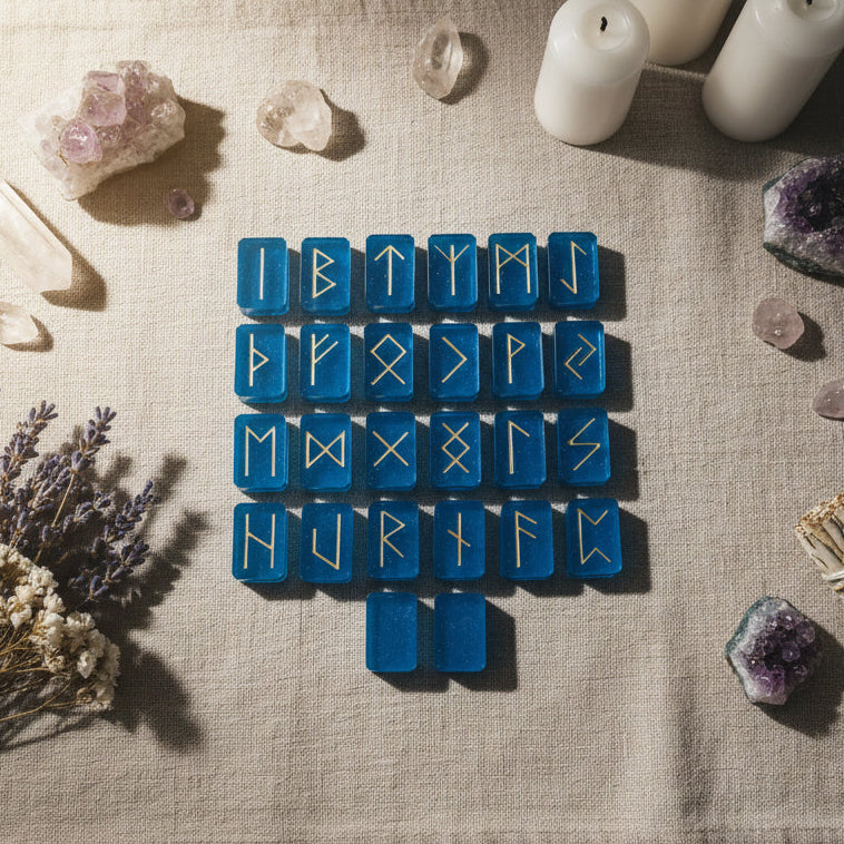 Bright blue seaglass colored resin rune stones with gold inlays from an Eldar Futhark rune set displayed on a canvas cloth with crystals and candles