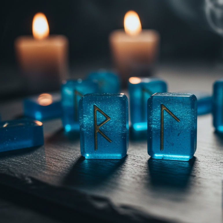 Bright blue seaglass colored resin rune stones with gold inlays from an Eldar Futhark rune set displayed on a wooden tabletop