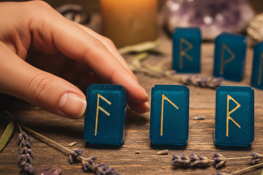 Bright blue seaglass colored resin rune stones with gold inlays from an Eldar Futhark rune set displayed on a wooden tabletop