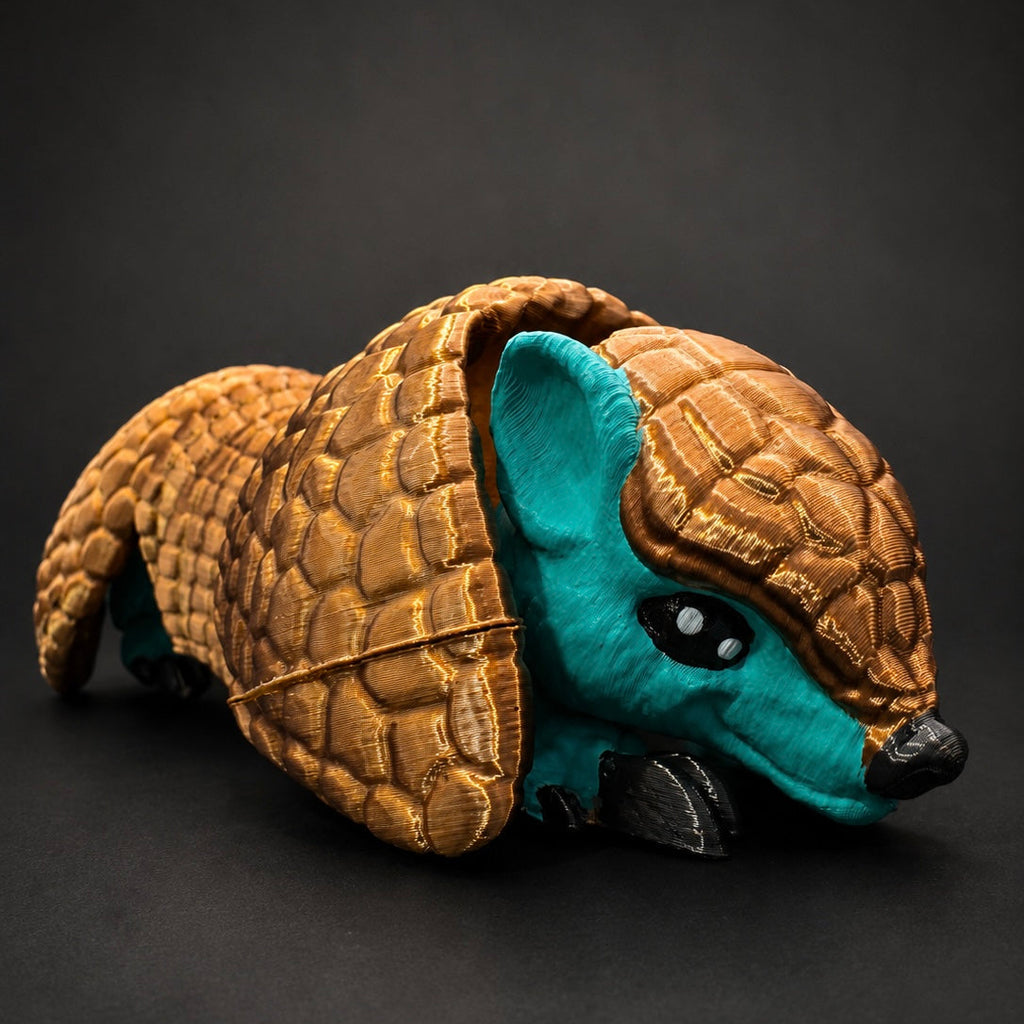 Close-up of Burrow Bell’s turquoise face, painted eyes, black claws, and layered bronze shell.