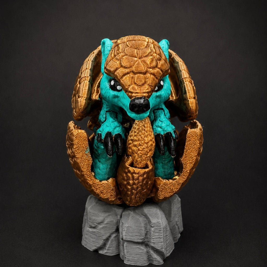 Front view of Burrow Bell curled on its included woodland rock base with bronze armor framing its turquoise body.