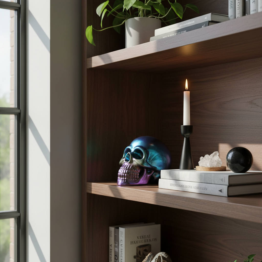 Color-shifting resin skull sculpture in rainbow, oil slick tones displayed on a bookshelf 