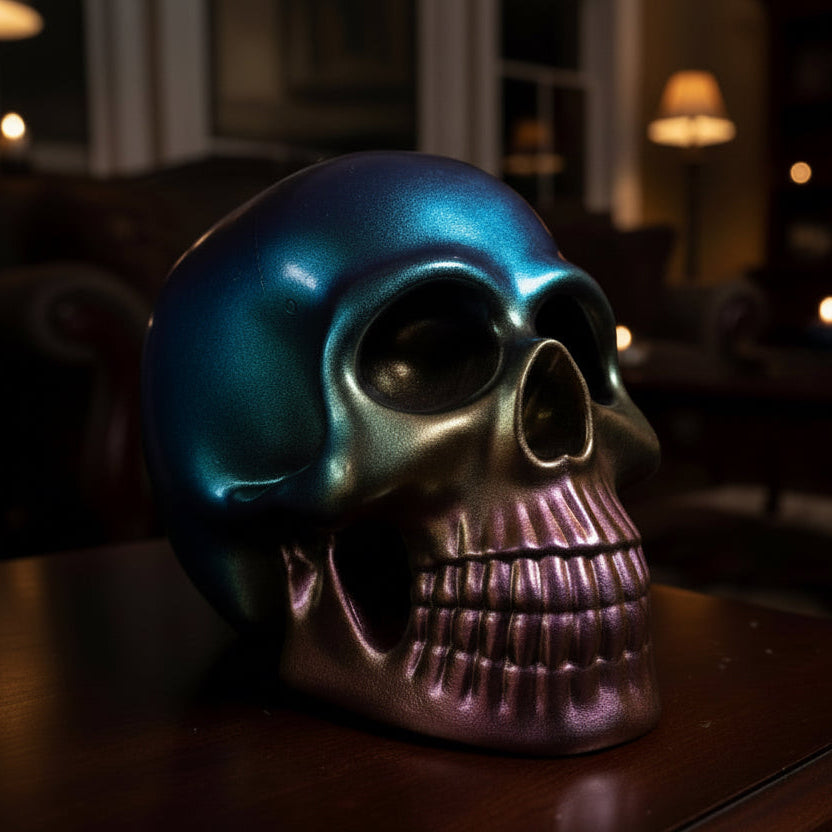 Color-shifting resin skull sculpture in rainbow, oil slick tones displayed on a wooden table