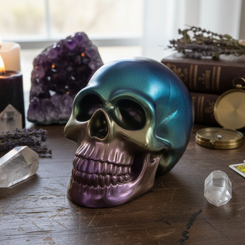 Color-shifting resin skull sculpture in rainbow, oil slick tones displayed on a wooden surface with crystals and books