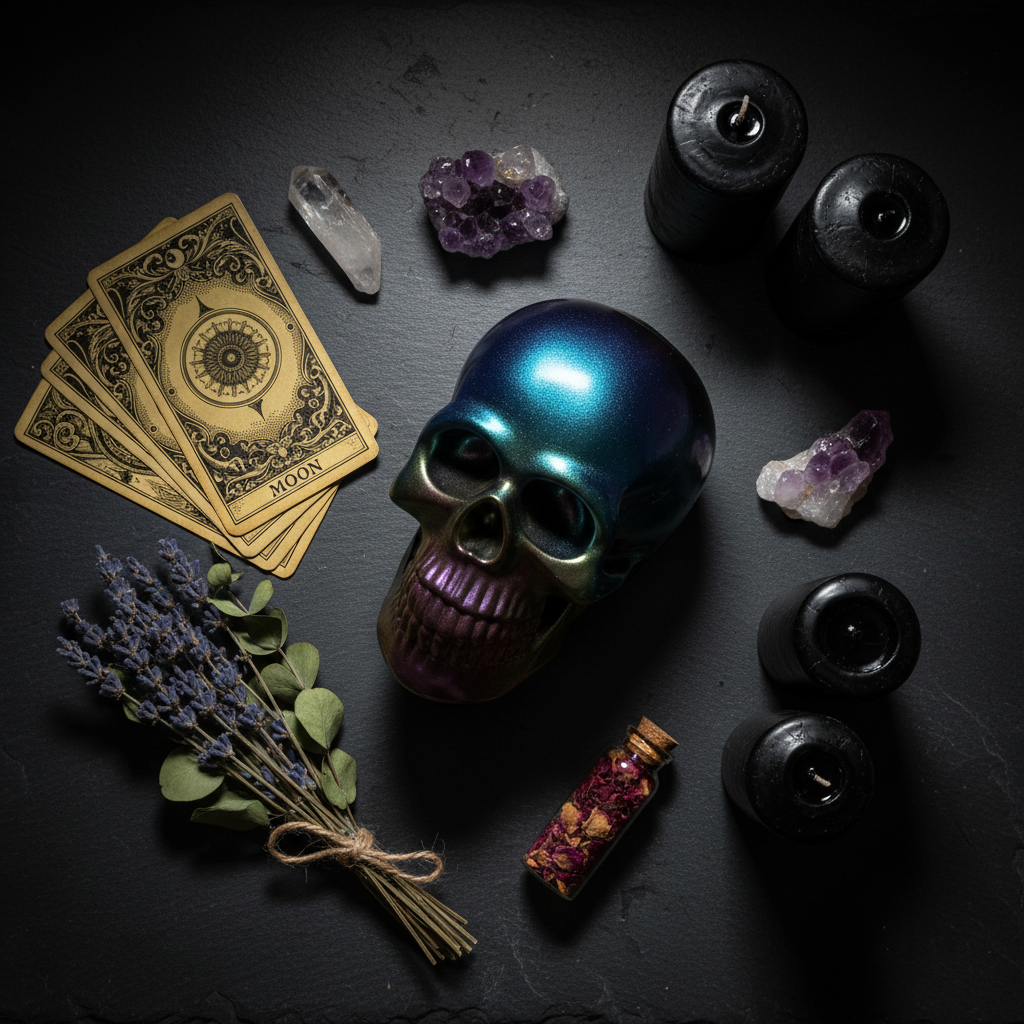 Color-shifting resin skull sculpture in rainbow, oil slick tones displayed on a table top with candles and crystals surrounding