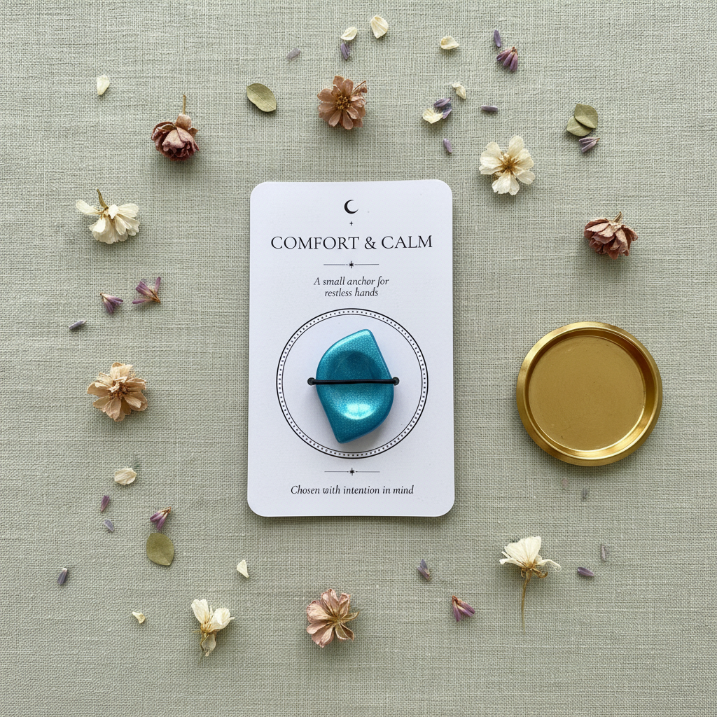 Blue worry stone on a card labeled 'Comfort & Calm' surrounded by small flowers on a textured surface.