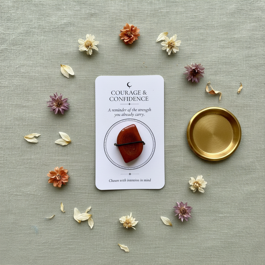 worry stone and Card with 'Courage & Confidence' message surrounded by small flowers on a textured surface