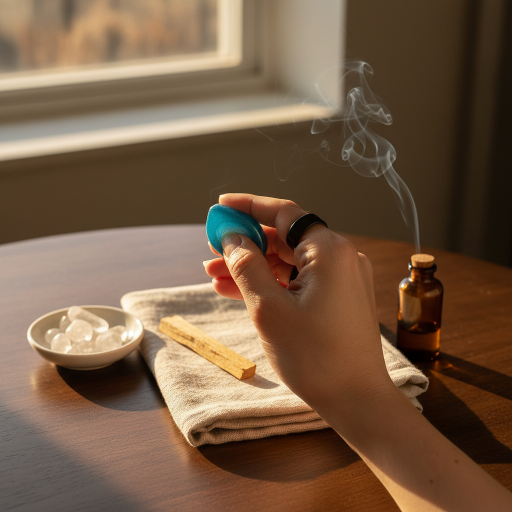 Hand holding a blue worry stone in use with smoke, on a wooden table with a bowl, wooden stick, and bottle.