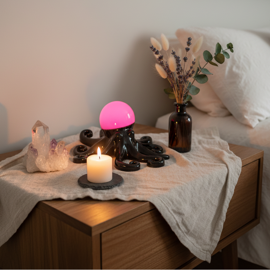 Glow in the dark resin octopus sculpture in black with pink glow head displayed on a bedside table 