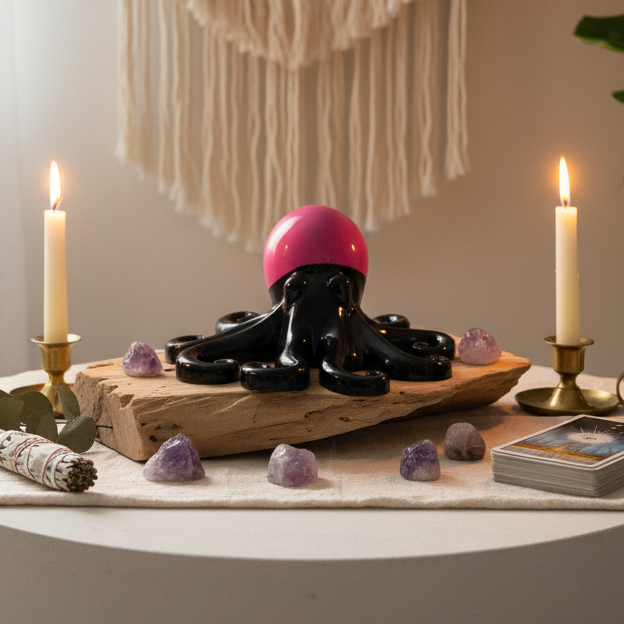 Glow in the dark resin octopus sculpture in black with pink glow head displayed in a warm meditation space