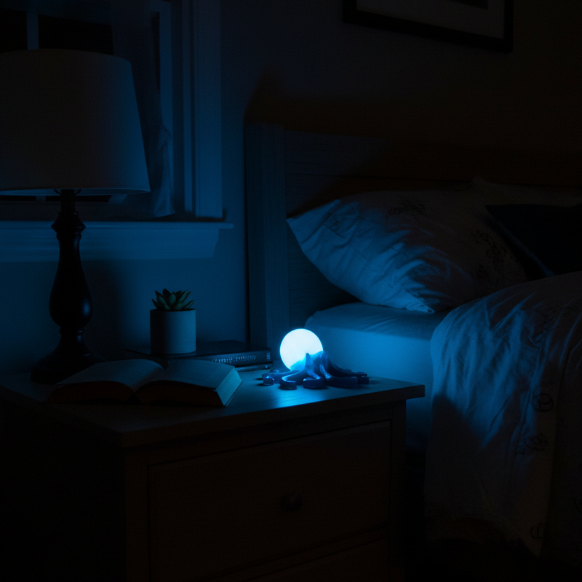 Glow in the dark resin octopus sculpture in teal with white glow head displayed glowing on nightstand 