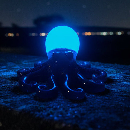 Glow-in-the-dark resin octopus sculpture with purple glitter body and blue glow head displayed on a stone wall at night