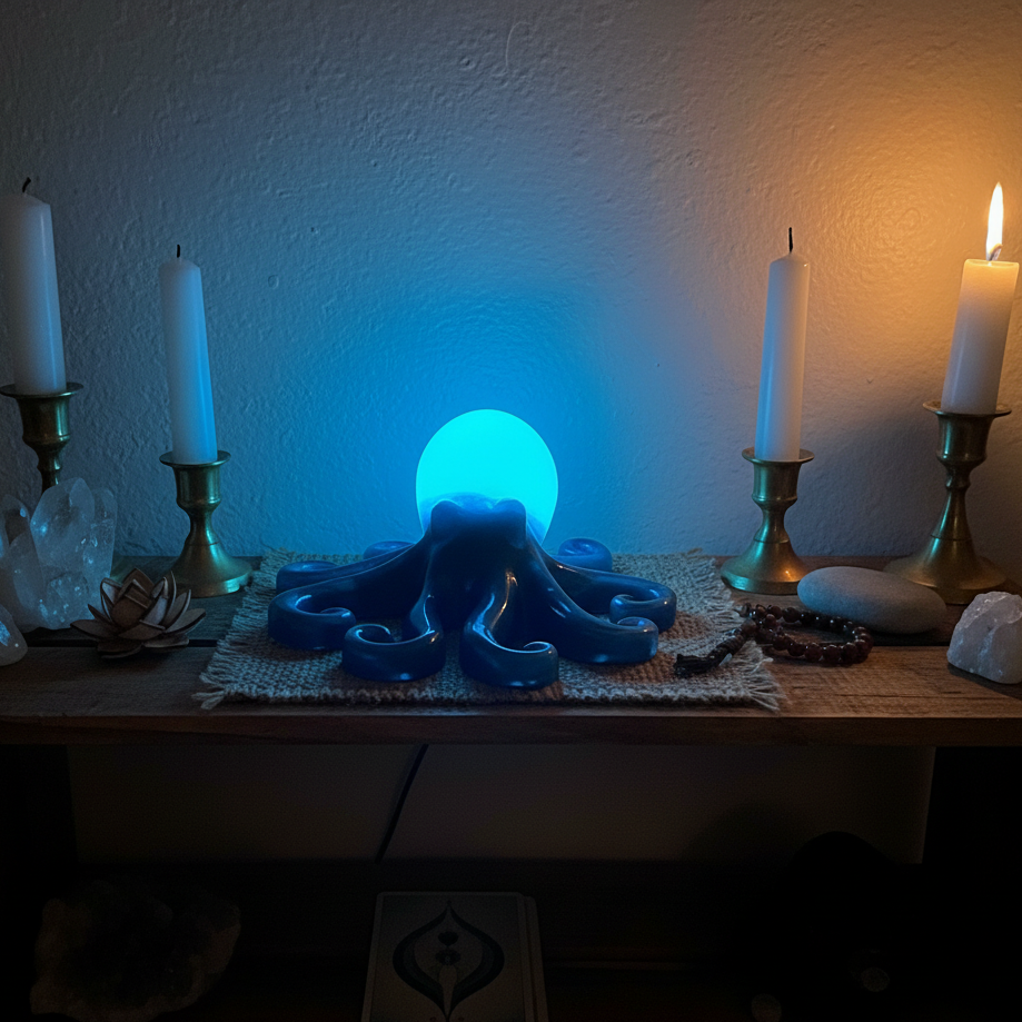 Glow in the dark resin octopus sculpture in teal with blue glow head glowing in meditation space