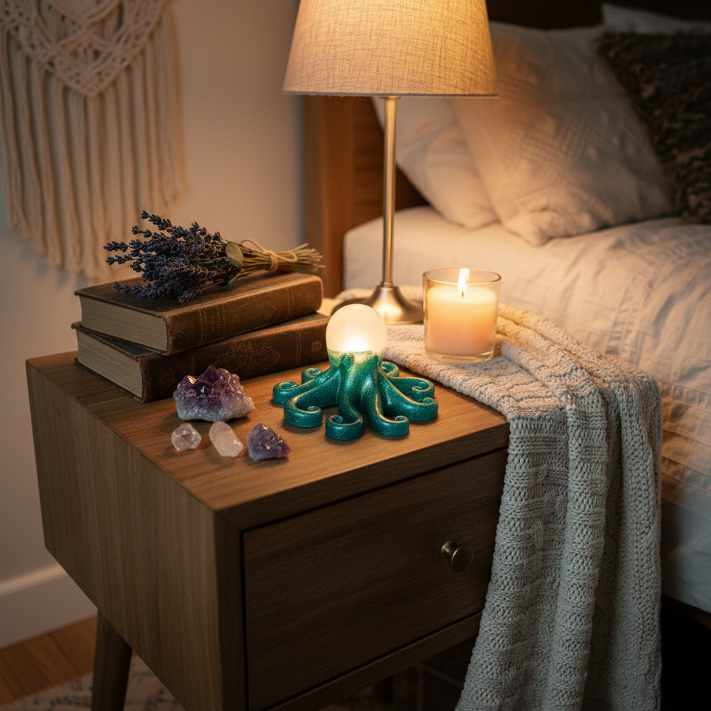Glow in the dark resin octopus sculpture in teal with white glow head displayed on a cozy mystical bedside table