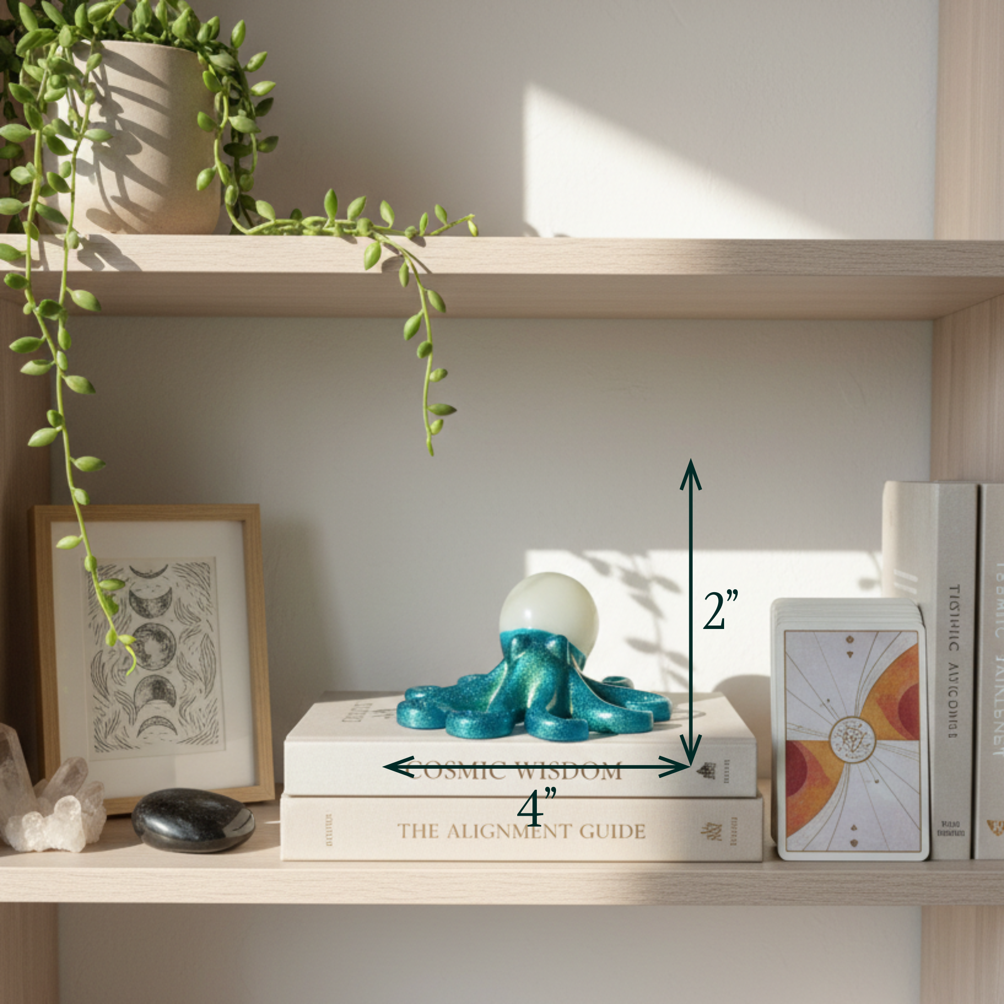 Glow in the dark resin octopus sculpture in teal with white glow head displayed on a bookshelf