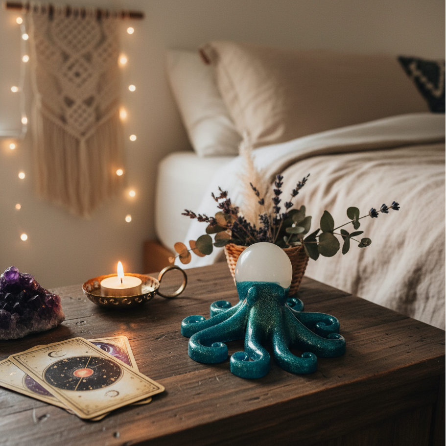 Glow in the dark resin octopus sculpture in teal with white glow head displayed on a warm bohemian-inspired nightstand