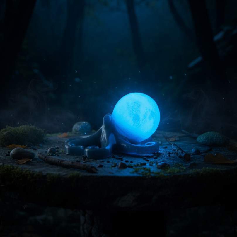 Glow in the dark resin octopus sculpture in teal with blue glow head displayed glowing in darkness