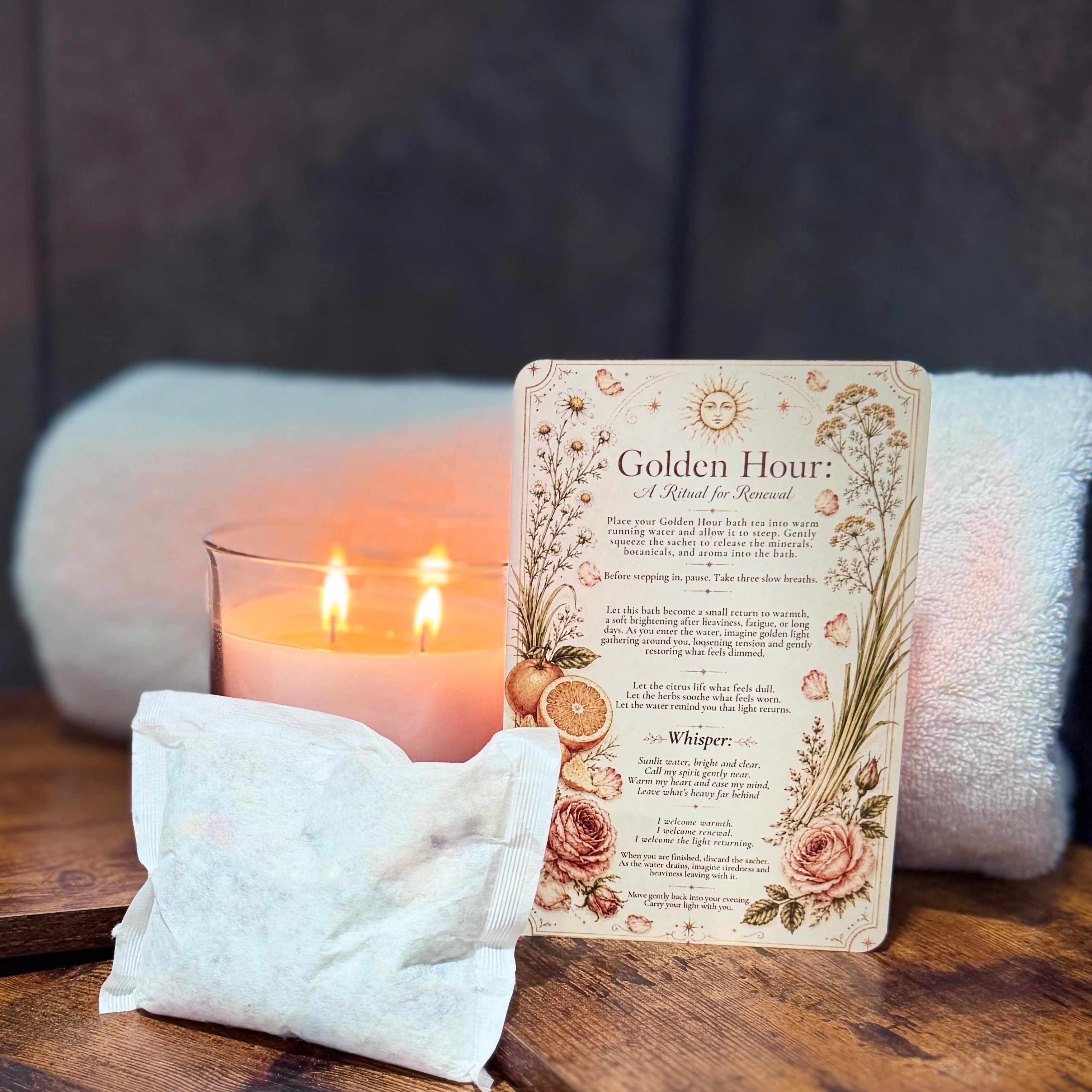 Candle, bath tea bag, and a ritual card titled 'The Golden Hour' on a wooden shelf by a bathtub.