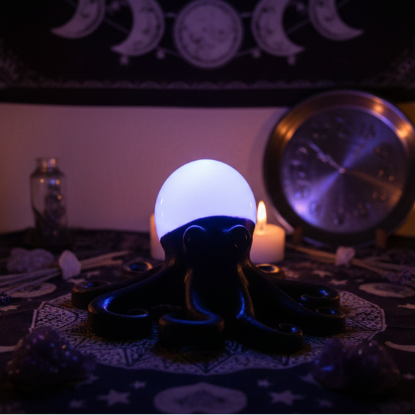 Glow-in-the-dark resin octopus sculpture in black with pink glow head displayed on an altar at night