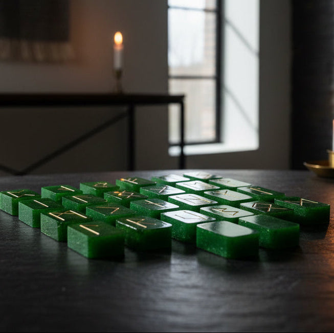 Green shimmer resin rune stones with gold inlays from an Elder Futhark rune set displayed on a dark textured surface