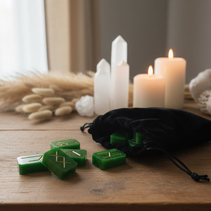 Green shimmer resin rune stones with gold inlays from an Elder Futhark rune set spilling out of a velvet pouch displayed on a warm table top
