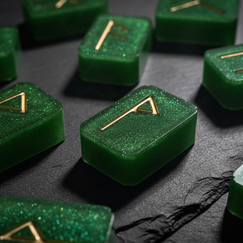 Green shimmer resin rune stones with gold inlays from an Elder Futhark rune set displayed on a dark textured surface