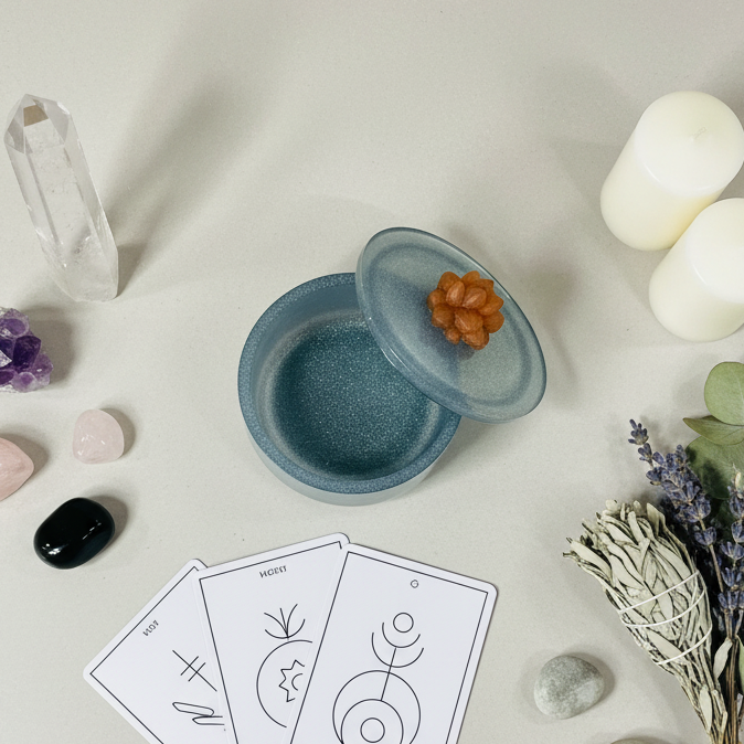 top view of a vessel jar shimmer blue color with caramel colored succulent on the lid displayed on white countertop with crystals and candles. 