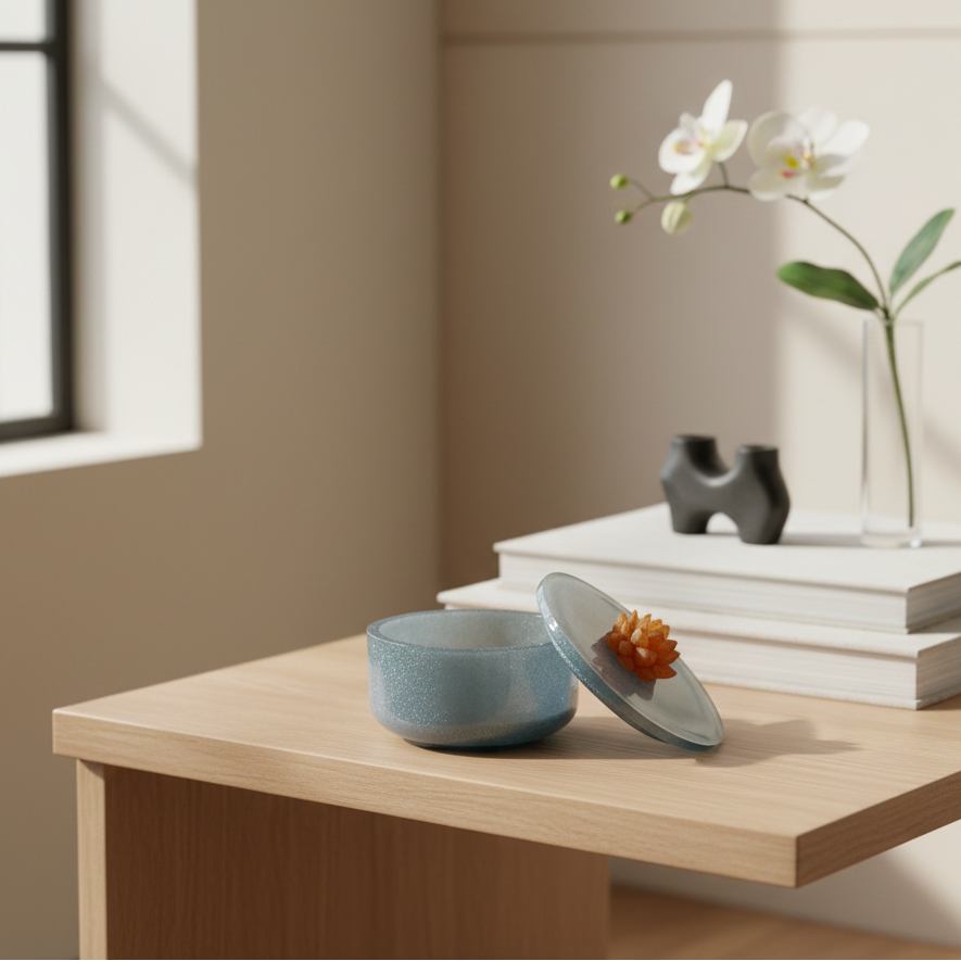 Vessel jar shimmer blue with caramel colored succulent on the lid displayed on a  table