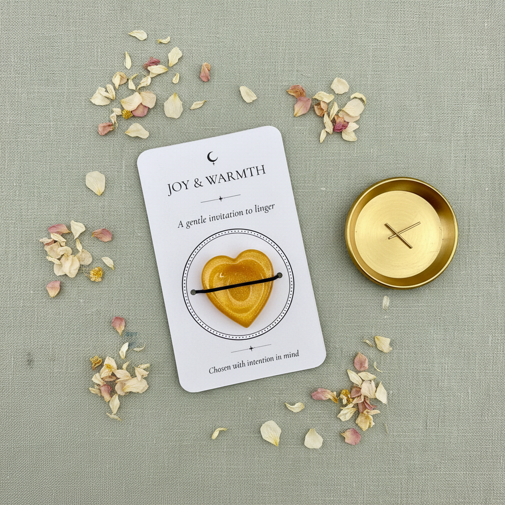 Card with yellow worry stone on textured surface with scattered petals
