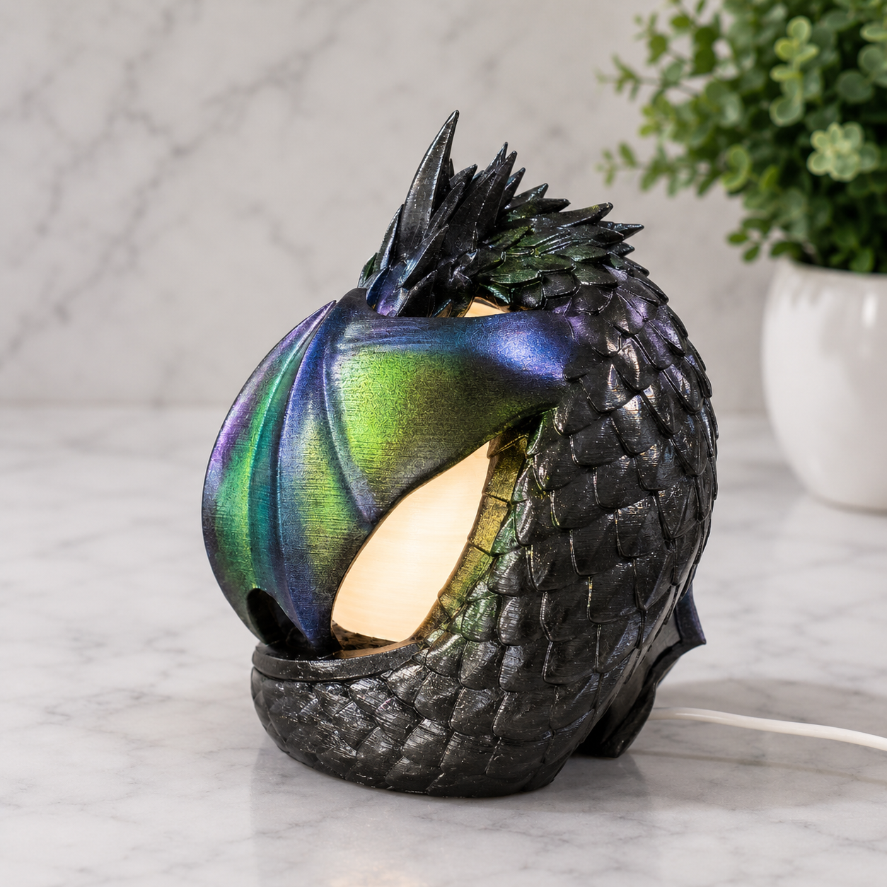 Rear view of the midnight sentinel dragon lamp showcasing hand-painted scales and wrapped wing details