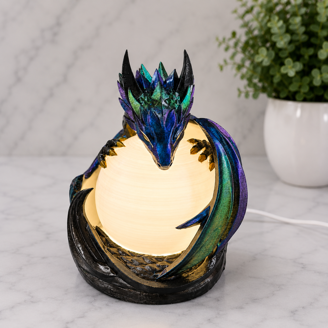 Front angled view of the illuminated midnight sentinel dragon lamp featuring sculpted details and warm ambient glow
