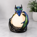 Hand-painted Midnight Sentinel dragon lamp wrapped around a glowing orb, front view
