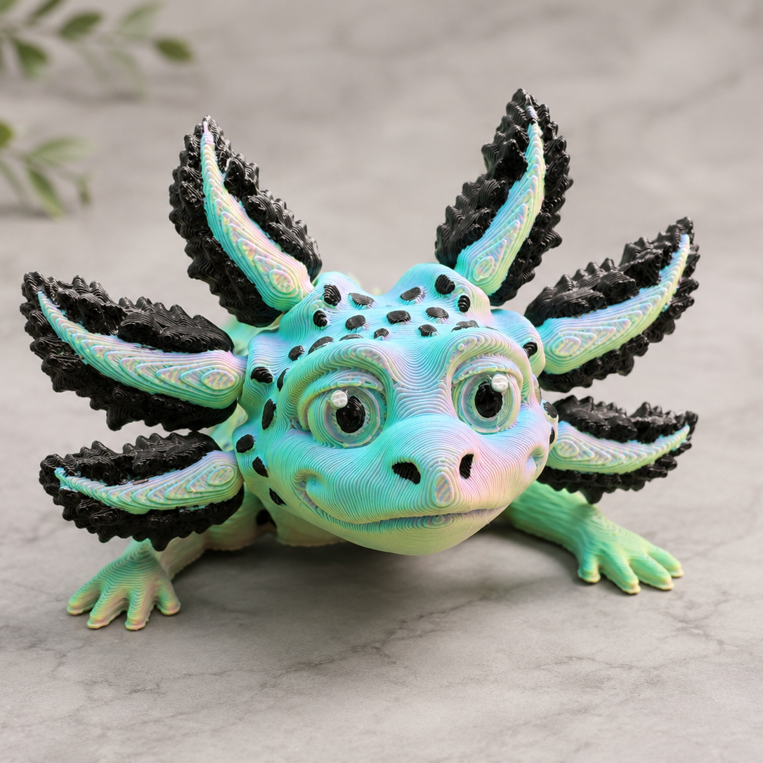 Close-up of Opal Veil, an articulated holographic axolotl companion with hand-painted black gills and shimmering opalescent colors.