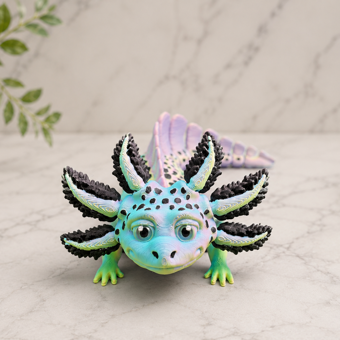 Front view of the Opal Veil articulated axolotl showing its expressive face, iridescent finish, and detailed black hand-painted accents.