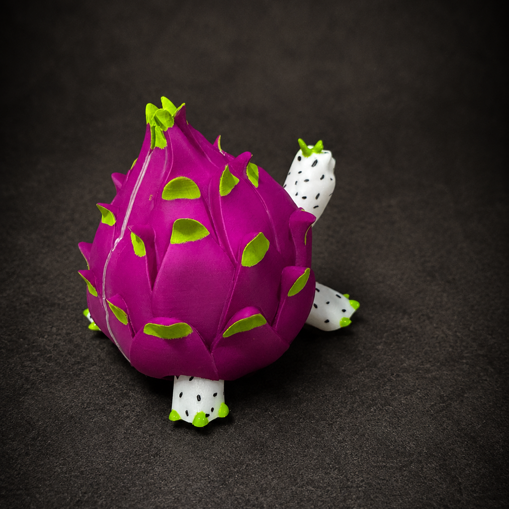 Rear view of the Pitaya Grove dragonfruit turtle highlighting the textured removable dragonfruit shell.