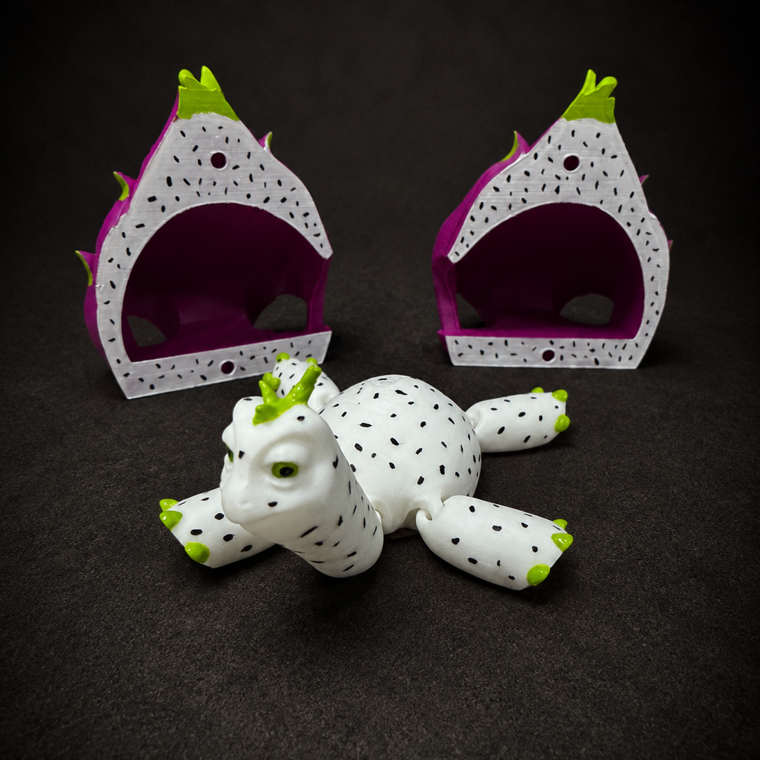 Articulated Pitaya Grove turtle displayed without its removable shell, showing the detailed dragonfruit-inspired body.