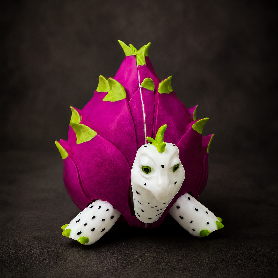 Front view of the Pitaya Grove articulated dragonfruit turtle featuring a removable magnetic dragonfruit shell.