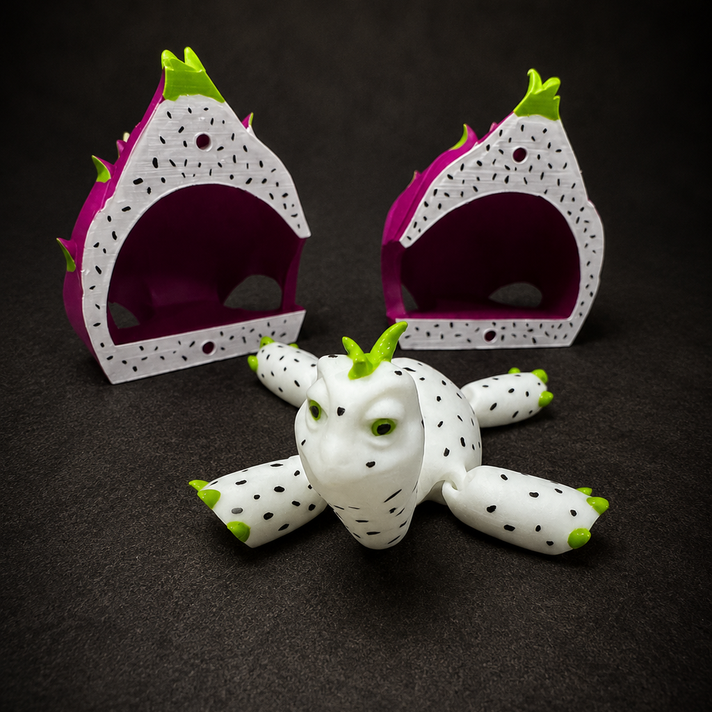 Pitaya Grove articulated turtle with its removable magnetic dragonfruit shell displayed open beside the turtle body.